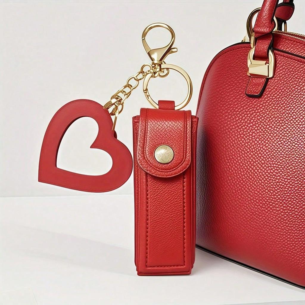 Solid Color Long Lipstick Makeup Bag + Heart-Shaped Small Mirror Pendant] Lipstick Storage Tool, Mini Lip Balm Organizer