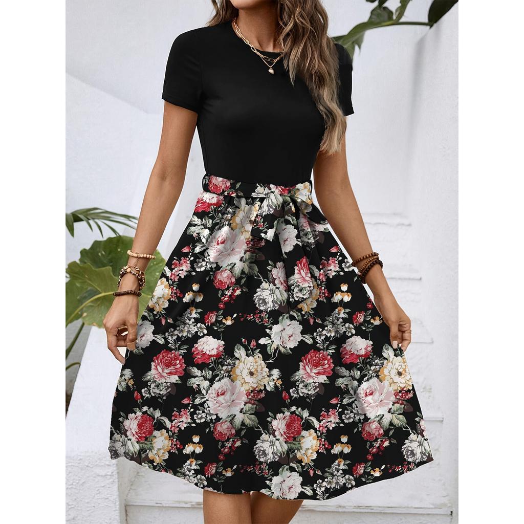 Dámské módní retro vzorované tištěné barevně blokované šaty