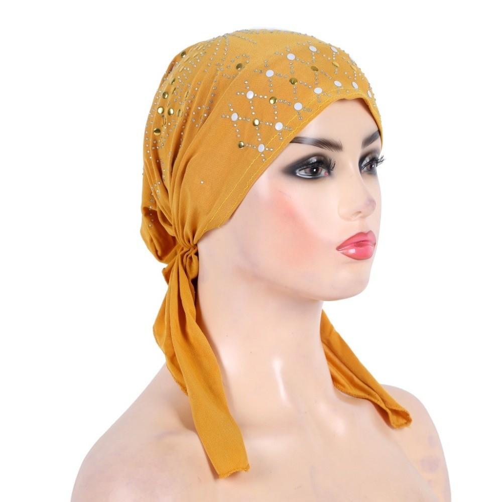 Fashion Gold Sequins Turban Hijab Cotton Solid Color Pull On Headwrap Breathable Soft Headscarf Hat