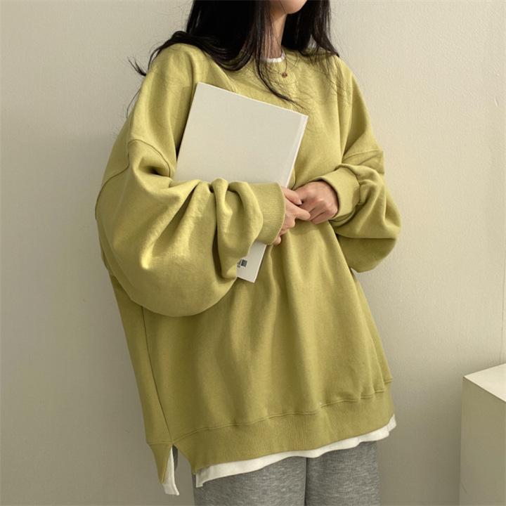 Damen Frühling und Herbst Lockerer Koreanischer Stil Sweatshirt Einfarbig Rundhals Pullover Jacke