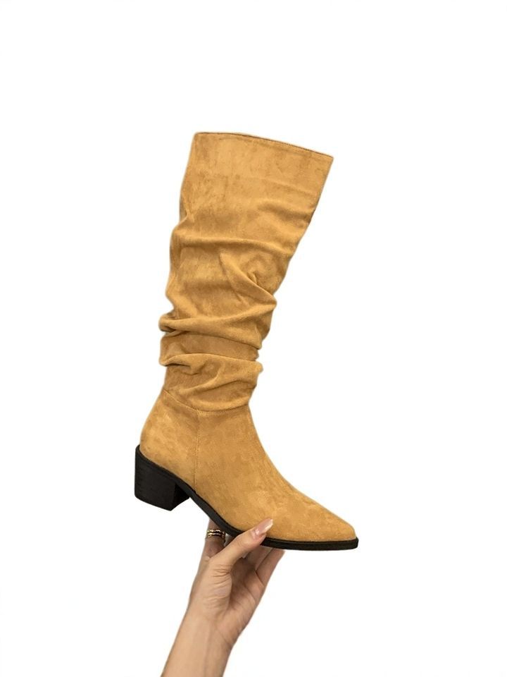 Pointed high-heeled khaki stacking boots women's shoes 2025 new spring and autumn winter thin long knight boots