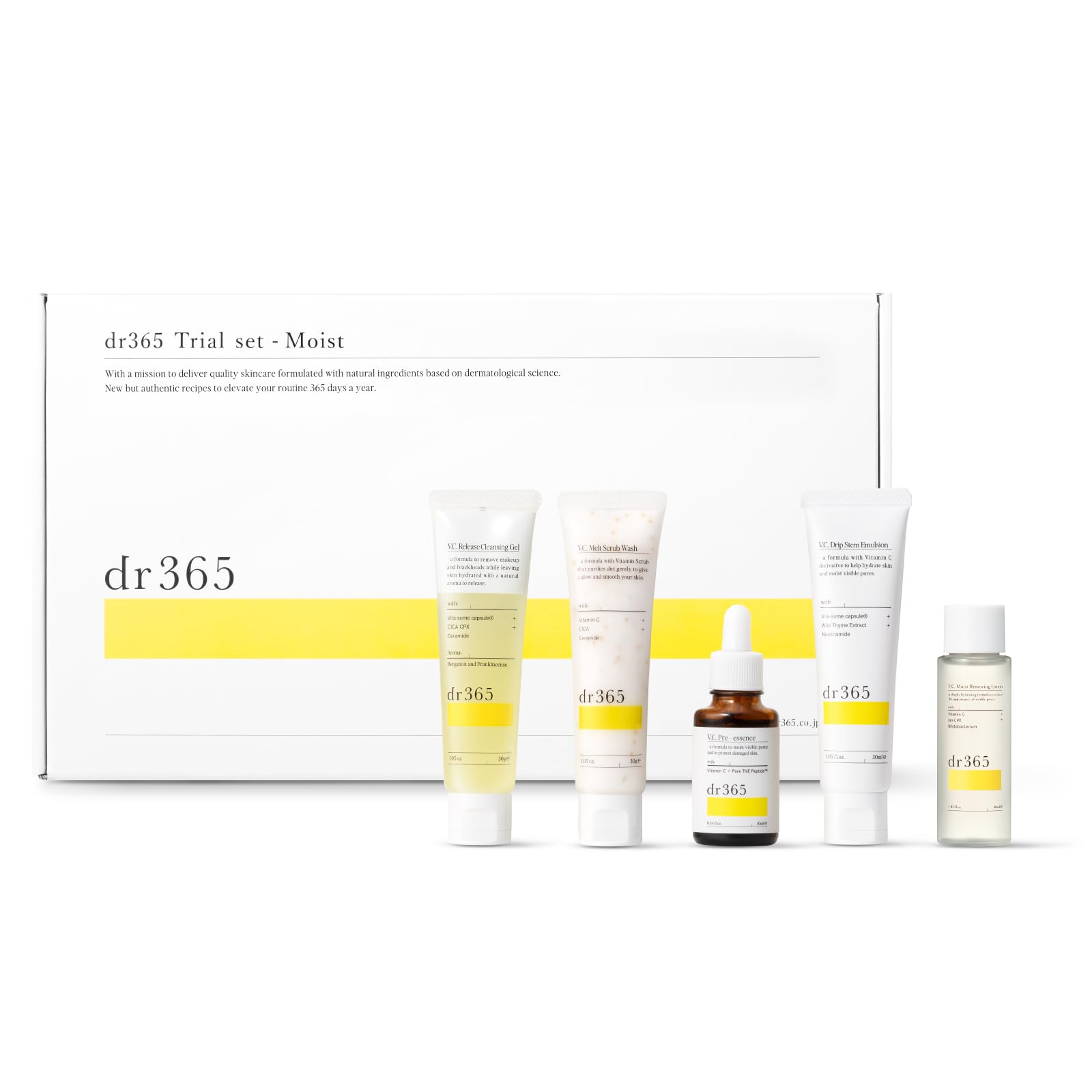 

dr365 Trial Set Moist Vitamin C Cosmetics Set: Moisturizing, Pore Care, Exfoliation, Anti-aging, Suitable for Sensitive and Dry Skin, Includes Cleansi