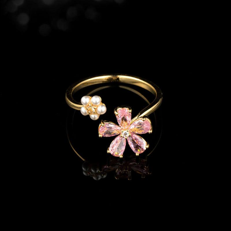 Premium Double Flower Opening Ring Niche Light Luxury Exquisite Index Finger Ring Adjustable Ring