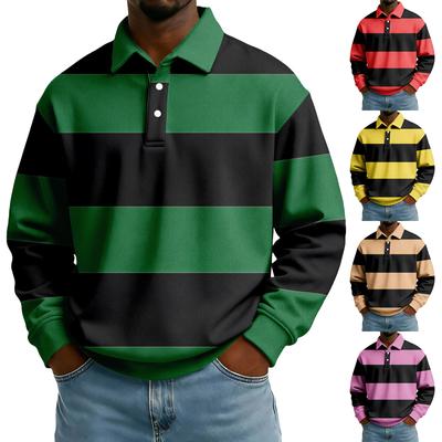 Men's Casual Loose Colorblock Print Lapel Button Long Sleeve Top