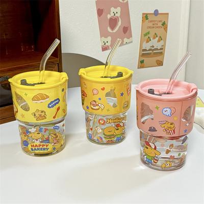 Glass with Straw Glass Lid Gift Box Cute Cartoon Household Water Glass Female Birthday Gift.