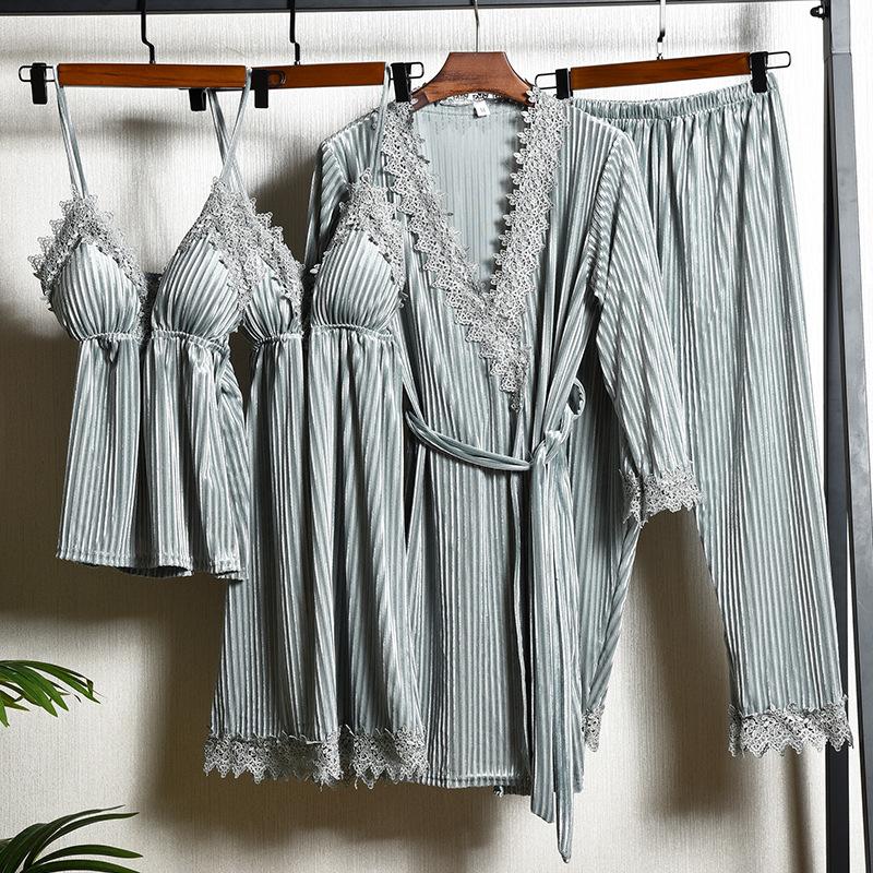 

Халат с кружевной кромкой, бархатная пижама, комплект из 4 предметов, свободная бархатная домашняя одежда, женская осенне-зимняя новая пижама, домашняя одежда 2XL