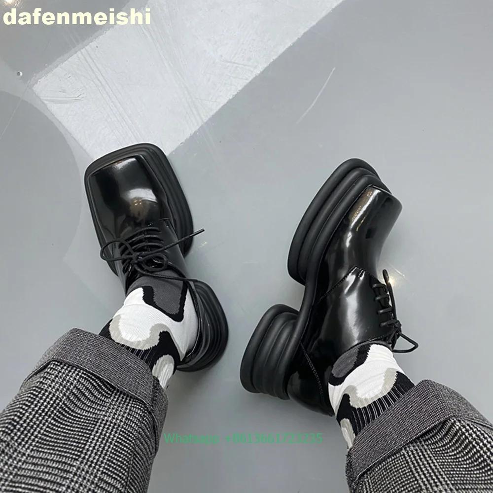 Square Toe Slip On Women Loafers Thick-Soled Patent Leather Shoes Spring Thick Heels Lace-Up 2025 Genuine Leather Shoes