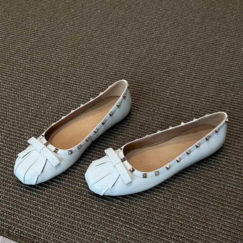 

Sheepskin version~ Genuine leather temperament versatile flat shoes women s square head bow ballet style rivet shallow mouth single shoes 35