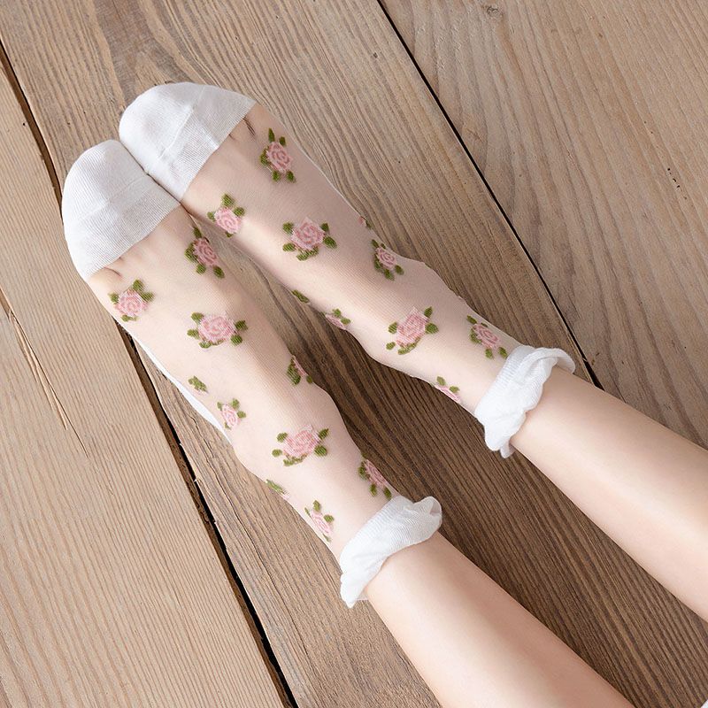 3 Pairs of Summer Socks for Women Thin Rose Style Sexy Black Stockings JK Lolita Lace Socks