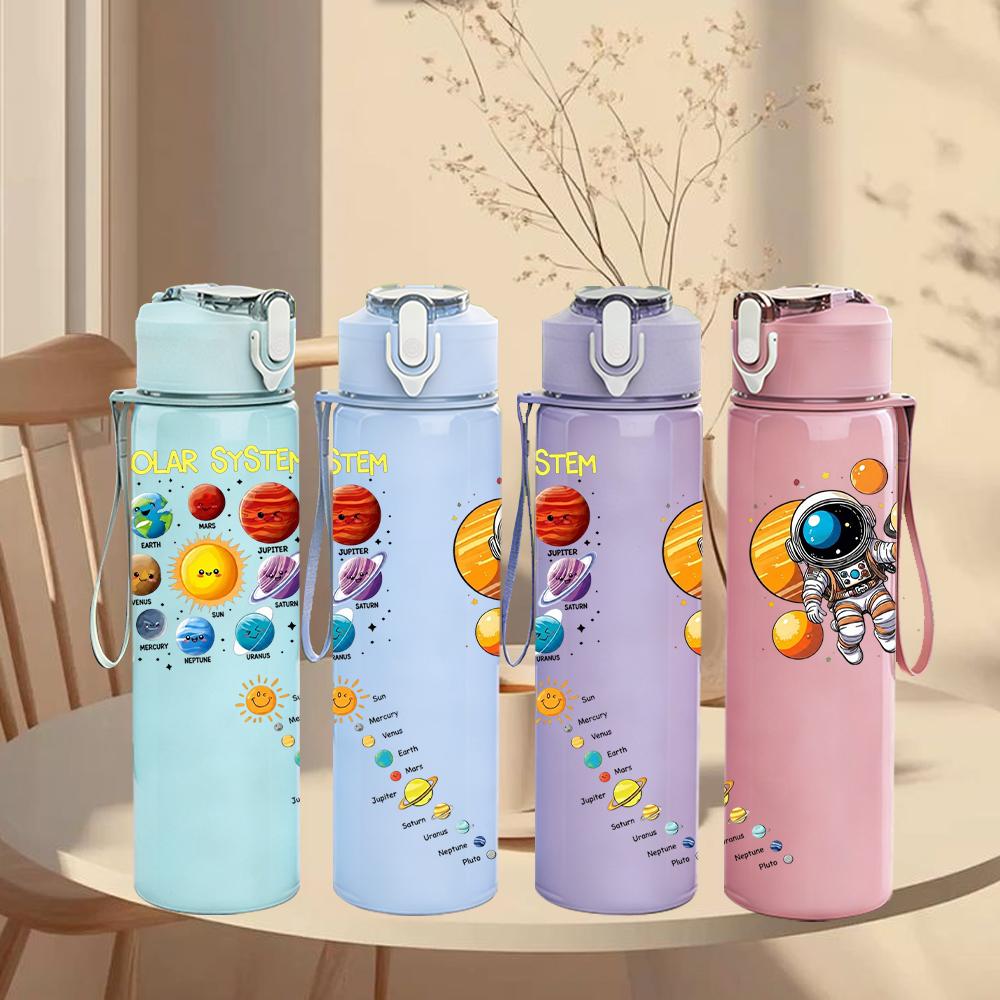 1PC Planet Rocket Color Splash Graphic 750ml Color Plastic Water Bottle Leakproof Flip Straw Lid For Sports Office Home Use
