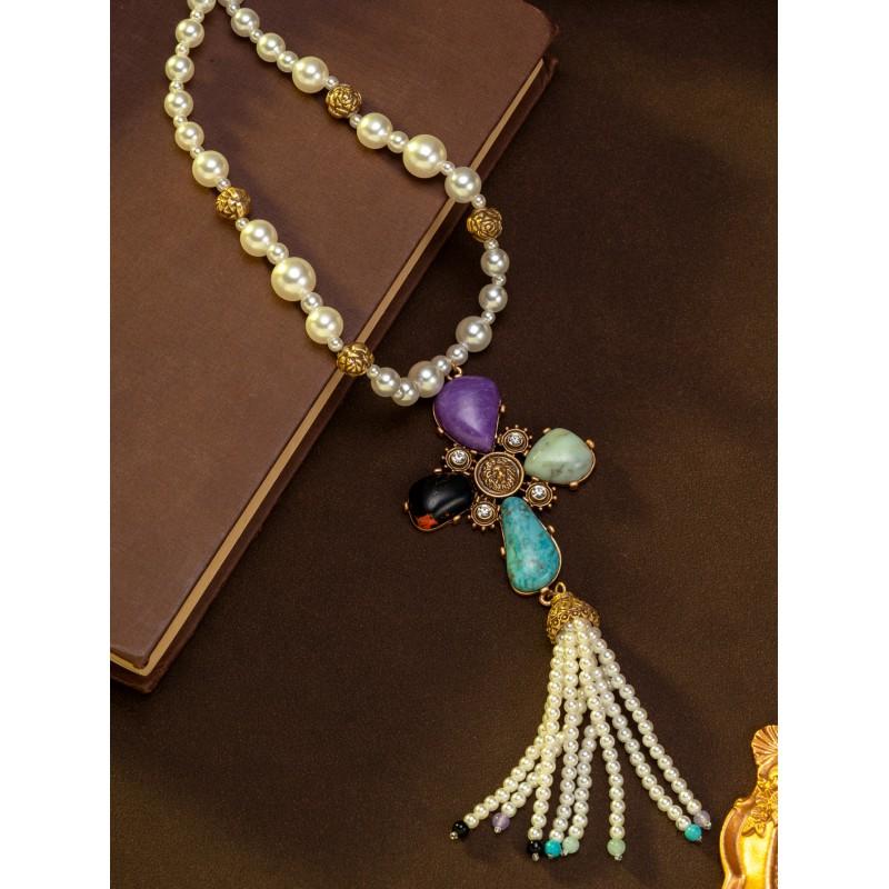 Vintage Four Leaf Clover Pearl Tassel Pendant Western Antique Necklace Versatile Natural Stone