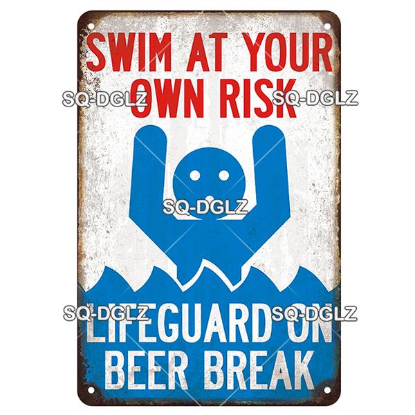 SQ-DGLZ Vintage Metallskylt Varning Haj Poolregler Tennskylt Havsbutiksskylt Hembar Väggdekor Klistermärke Dekorationsplatta Affisch