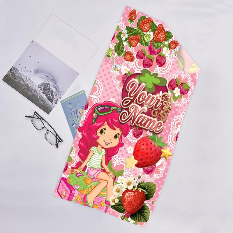 1pc Princess Strawberry Beach Towel with Custom Name, Beach and Seaside Swimming Pool Equipment, Fashion Pattern, Rectangular, Travel Essential