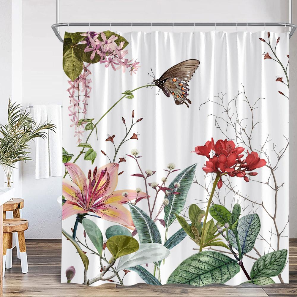 Bauernhaus Blumiger Duschvorhang Blume Pflanze Bauernhof Landhaus Badezimmer Dekoration Pflanze Rustikal Polyester Badvorhang Mit Haken