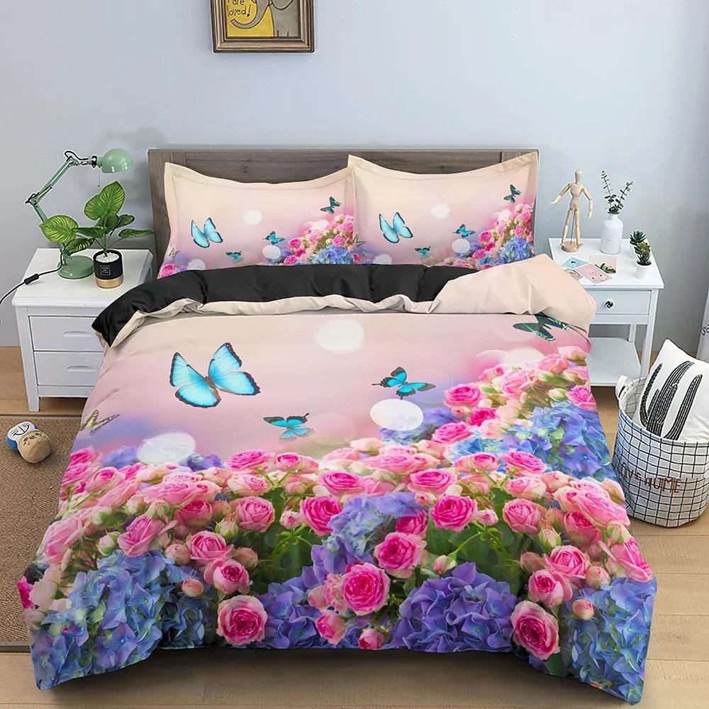 Butterfly In The Flowers Comfortable Duvet Quilt Cover Pillowcase Bedding Set Children Bedroom Decoration Home Textile
