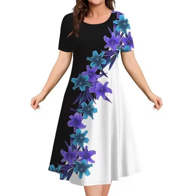 Elegantes Damen-Mode-Midikleid mit kurzen Ärmeln und 3D-Druck, Übergröße, Strandbekleidung