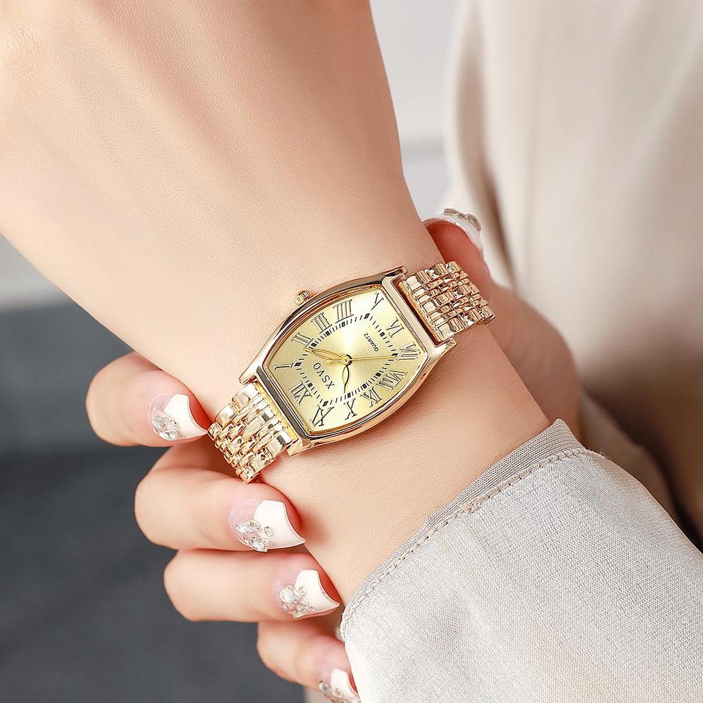 Xsvo Women's Roman Numeral Dial Quartz Watch - Steel Band, Bucket-Shaped Design