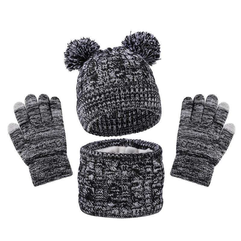 Winter Warm Kids Hat Scarf Gloves Set Thickened Knit Pom 3 In 1 Sets Children Windproof Warmer Neck Protection For Outside