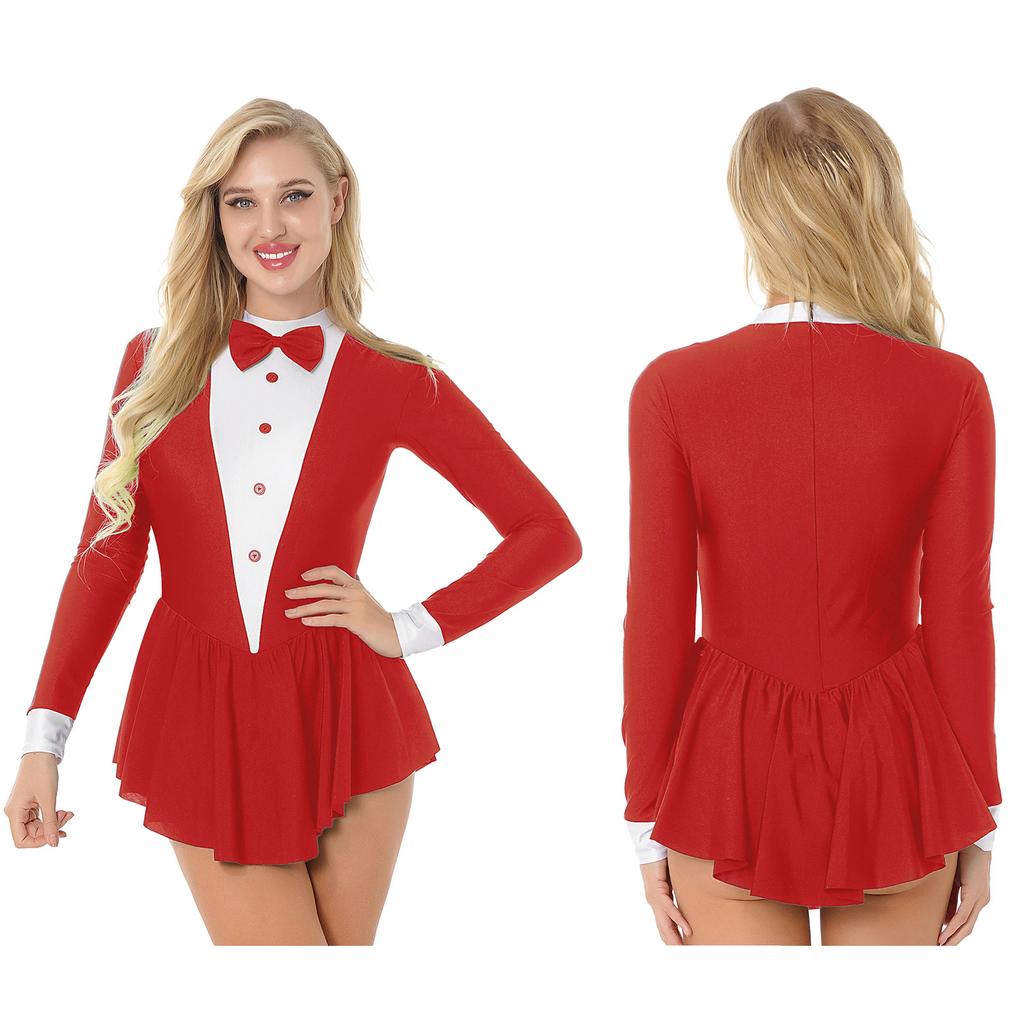 Women's Sexy Waitress Role Play Costume S-XXL: Contrast Color Tuxedo Style Dress with Bowknot Buttons & Long Ruffle Sleeves