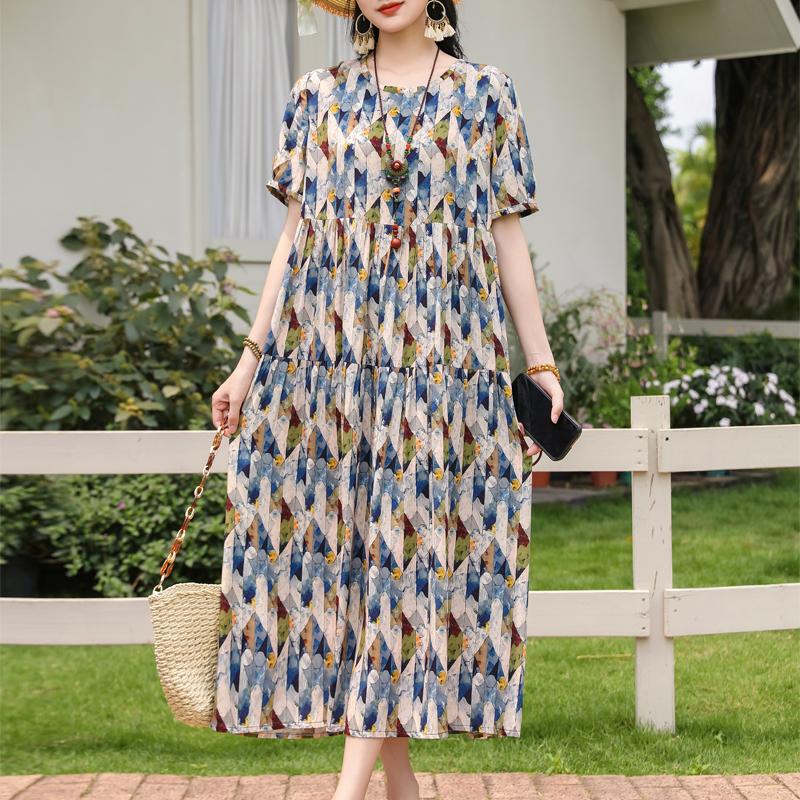 Women's Boho Print Maxi Dress, Loose Casual Short Sleeve Summer Dress (XL-5XL)