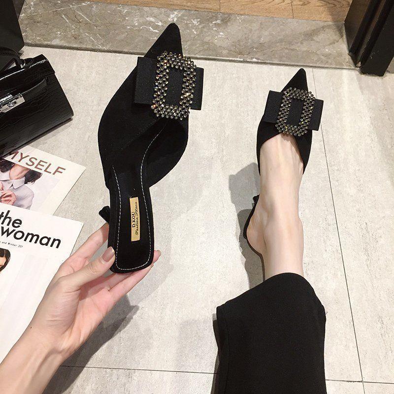 Summer 2025 New Korean Version Outer Wear Stiletto Women's Shoes High Heels Half Drag Pointed Head Bag Head Internet Celebrity Middle Heel Sandals Tid