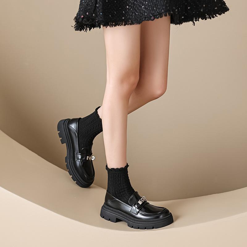 College small leather shoes women's retro one-pedal platform shoes thick heel soft sole single shoes