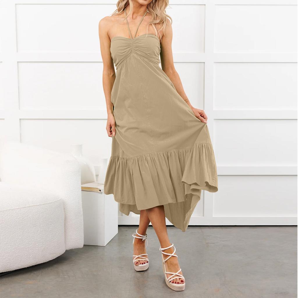 Women's Sleeveless Drawstring Halter Neck Off Shoulder Patchwork Pleated Flared Hem Strapless Long Dress Summer Casual Beachwear