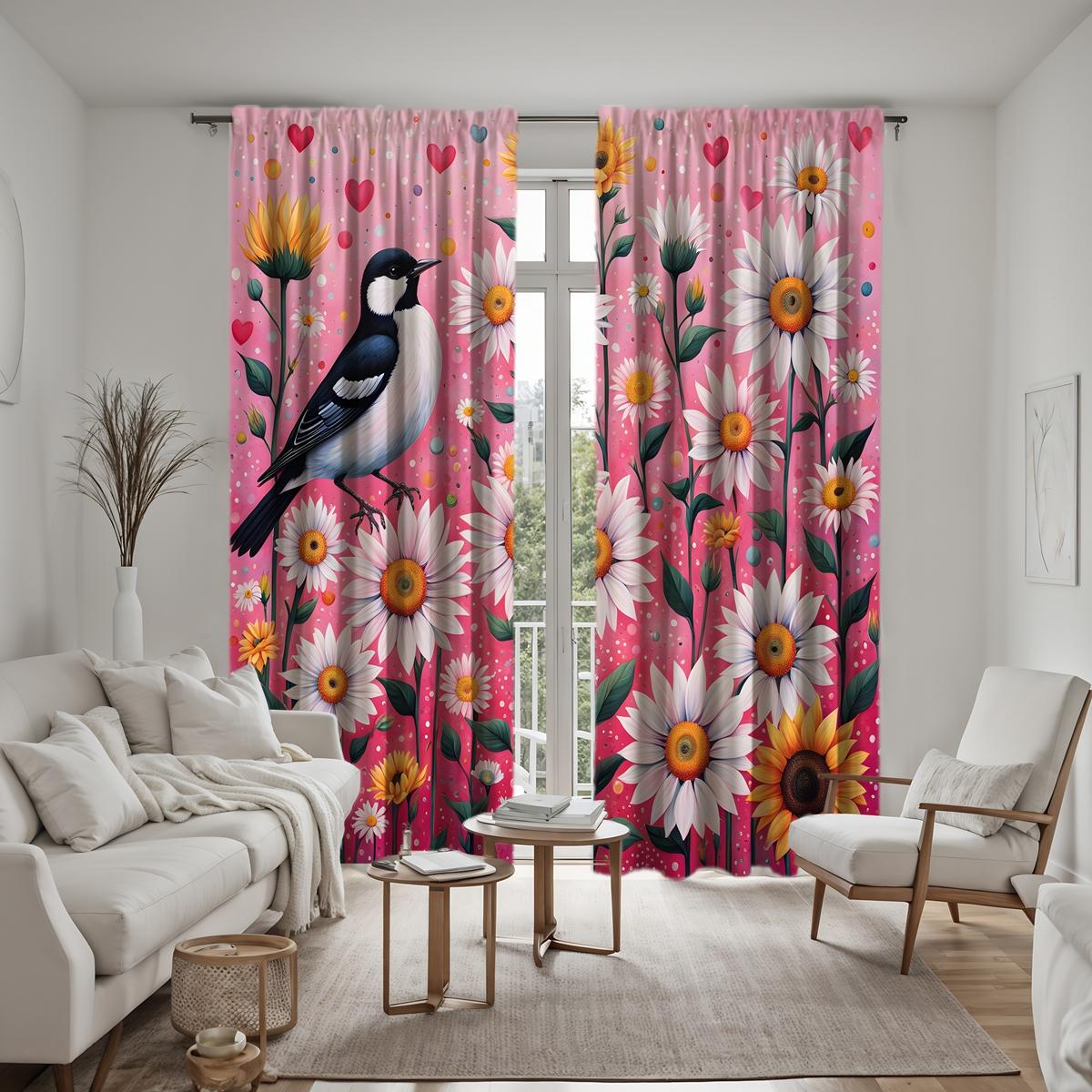 

2 шт. HD декоративная штора с маргаритками-сороками, розовая завязка, штора с цифровой печатью, стиль домашнего декора, декоративная гостиная, спальня, Ро W52H63inchW132H160cm