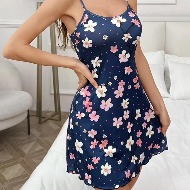 

Элегантная женская ночная сорочка с цветочным принтом, нежный стиль, V-образный вырез, открытая спина, платье на бретелях-спагетти, дышащая ткань, прилегающий крой, домашняя одежда 2XL