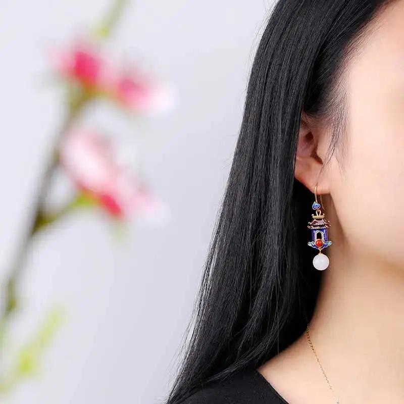 Exquisite and luxurious court-shaped earrings for women retro style Hetian jade enamel porcelain craft Hanfu jewelry
