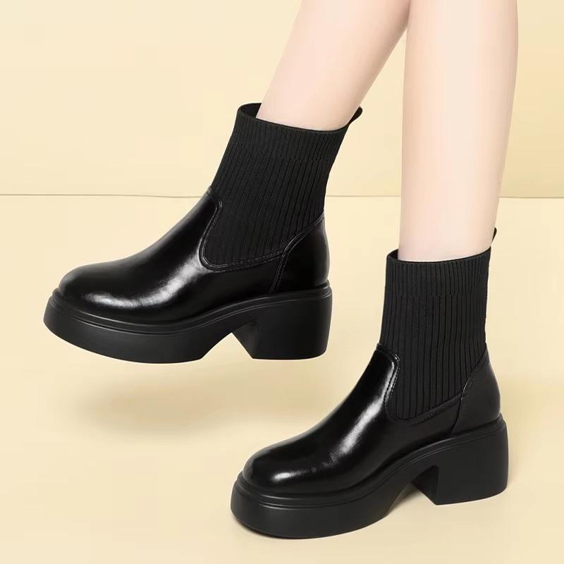 6cm Fashion Comfortable Soft Leather Boots Women's Platform Shoes Winter 2025 Flexible Elastic Sock Boots Warm Fur Ankle Botas