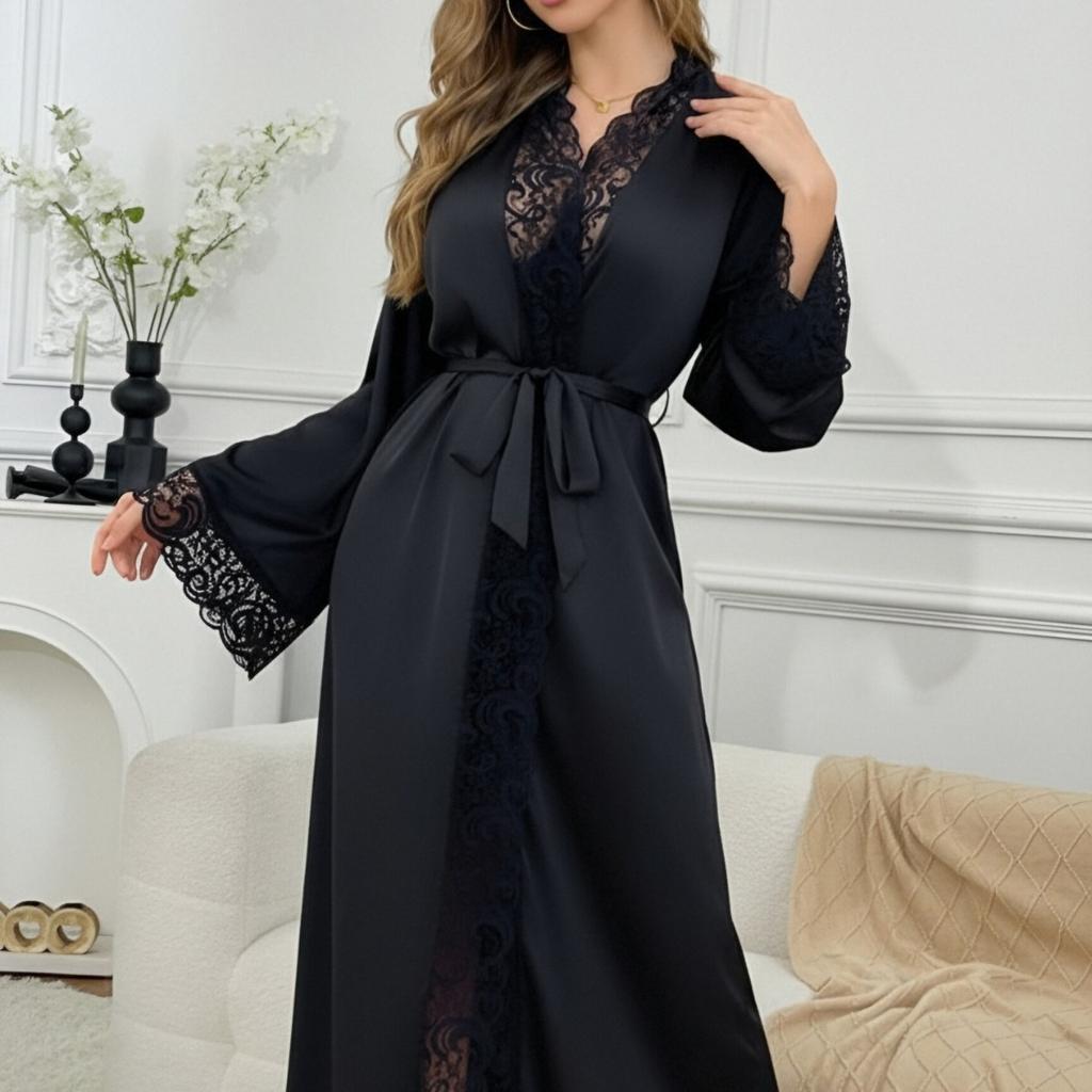 Neuer einfarbiger Spitzen-Nachthemd-Bademantel-Pyjama für Damen