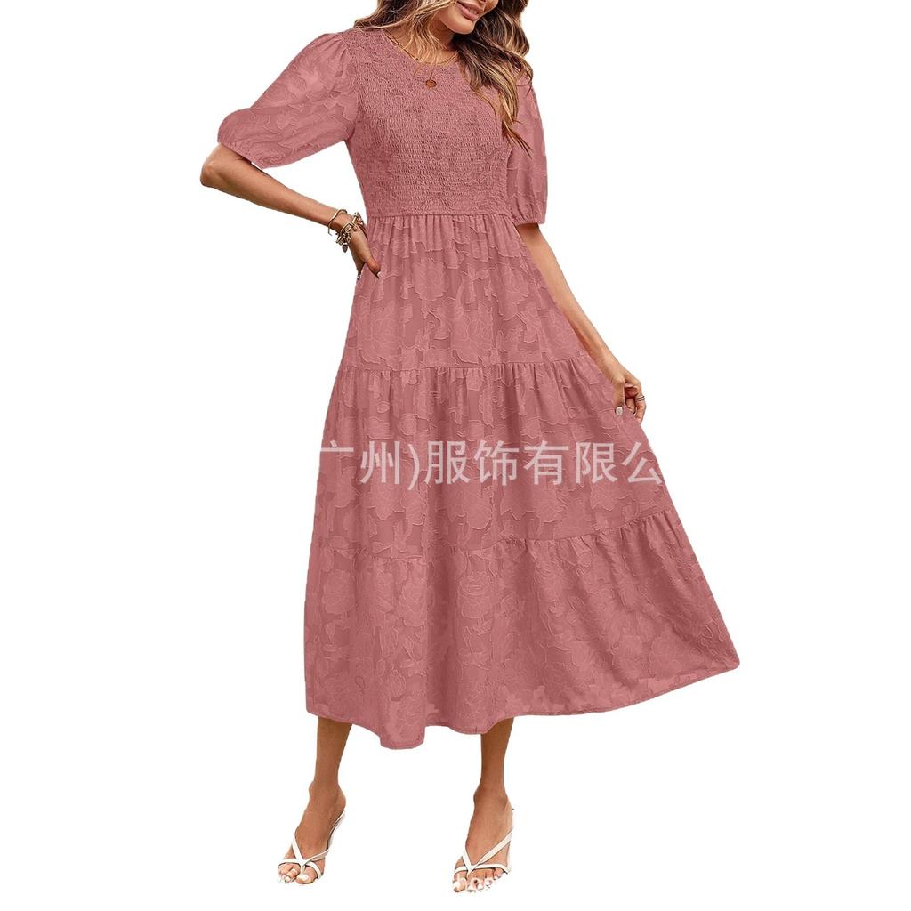 Spot new European and American women's clothing lace short sleeves front and rear collection waist crew neck dress women
