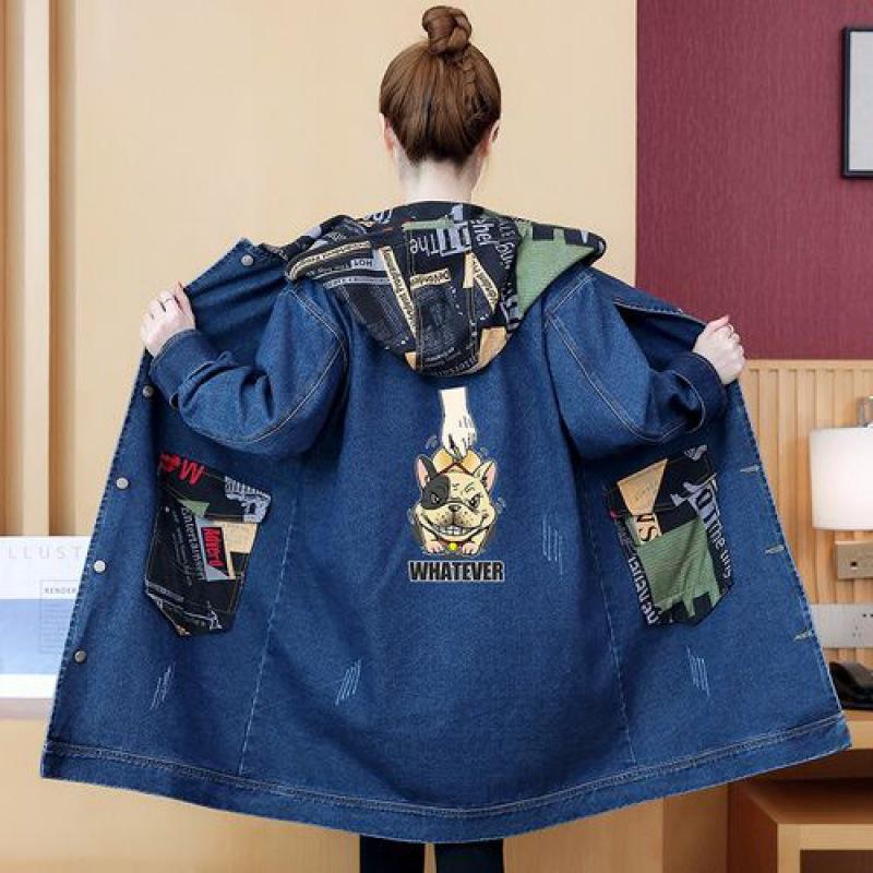 Damen Frühling und Herbst Übergröße Langer Abschnitt Arbeitskleidung Lose Colorblocking Jeansjacke 4XL blue
