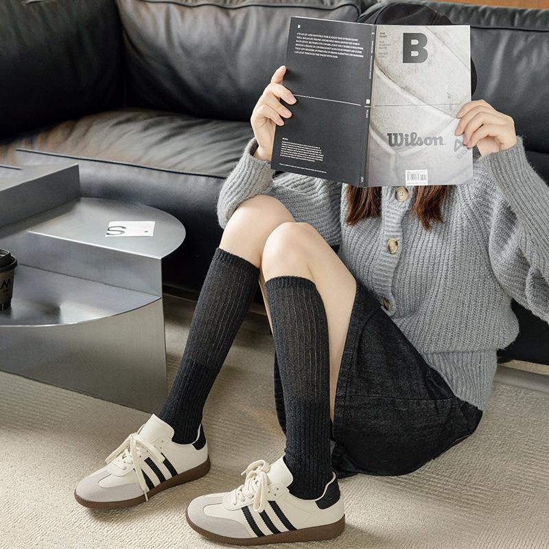 Autumn And Winter Women's Knitted Socks Solid Color Vertical Bar Warm Knee Length Socks Harajuku Fashion Lolita Socks
