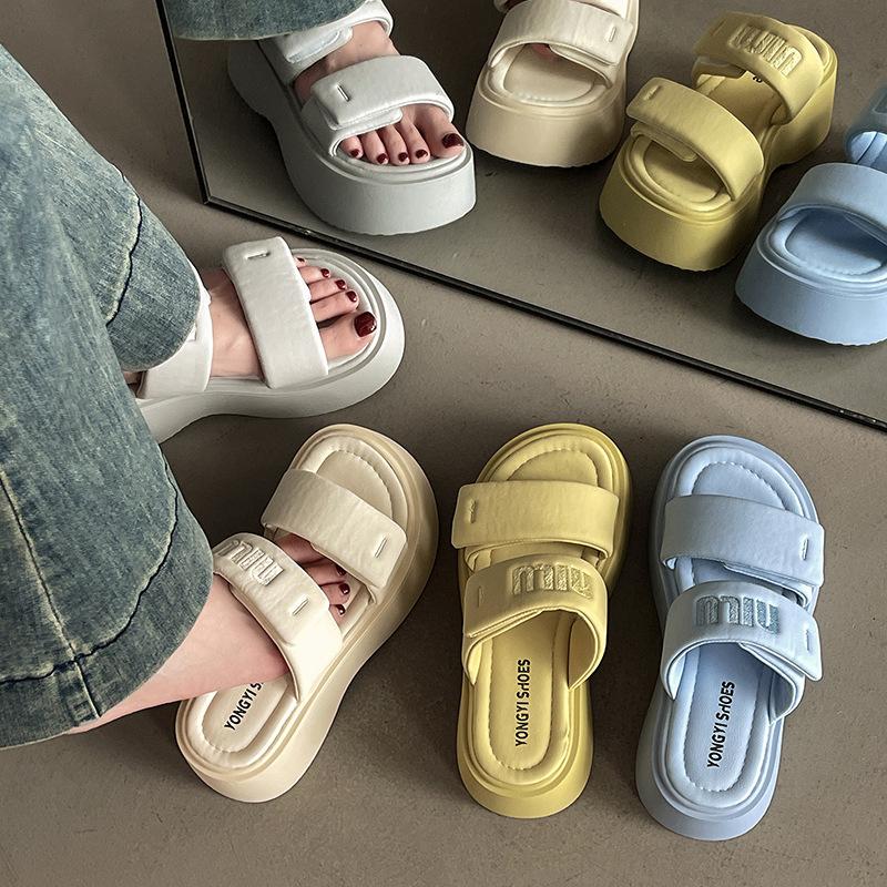 Fashion tribe Velcro blue platform sandals women's outer wear 2025 summer new non-slip beach shoes slippers