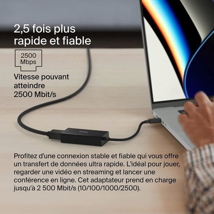 Adaptateur USB-C vers Ethernet (2,5 Gbit-s, Certification USB-If, Thunderbolt 3 et 4, Compatible avec MacBook Pro-Air, iPad A4