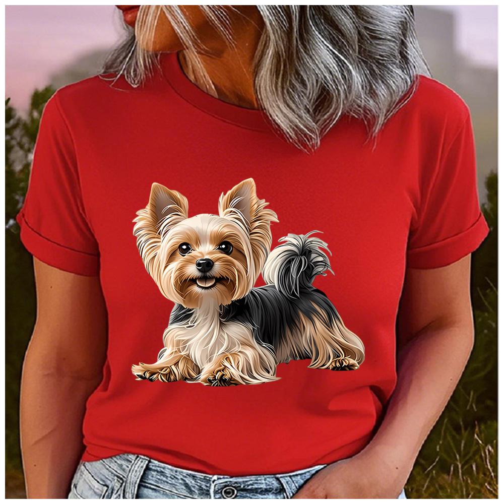 Polyester 100% Cute Yorkshire Terrier Puppy Graphic Women T-Shirt Yorkie Dog Pet Lover Print Short Sleeve Casual Summer Tee