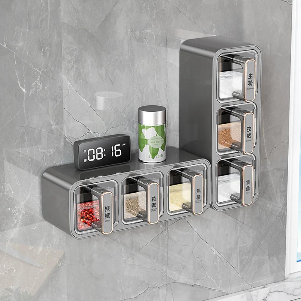 Wall Mount Spice Rack Organizer Sugar Bowl Salt Shaker Seasoning Container Kitchen Supplies Storage Set Spice Boxes storage