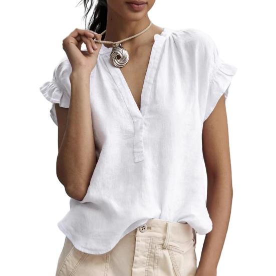Women Shirt V Neck Ruffled Stitching Short Sleeve Tops