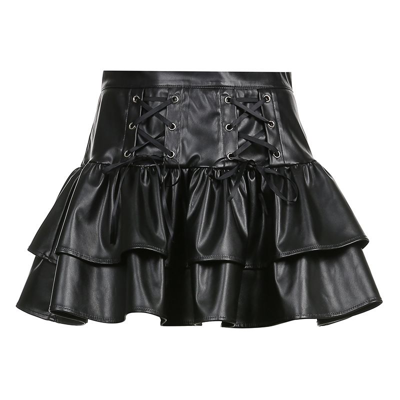 

Solid Color High Waisted Tied Skirt Women Solid High Waist Tether Half-Length Short dress Black L
