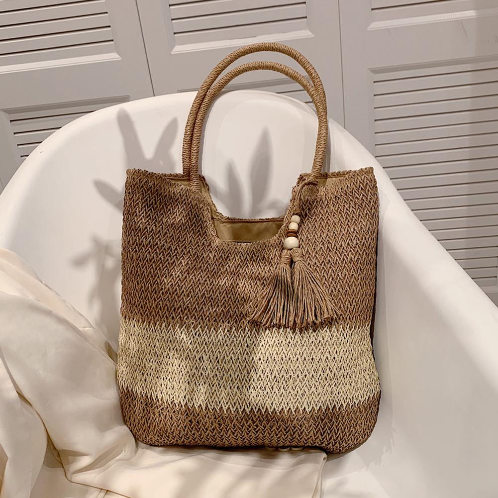 Summer Top-handle Bag Contrast Color with Tassels Beach Vacation Bags Large-Capacity Handmade Fashion Simple for Seaside Holiday