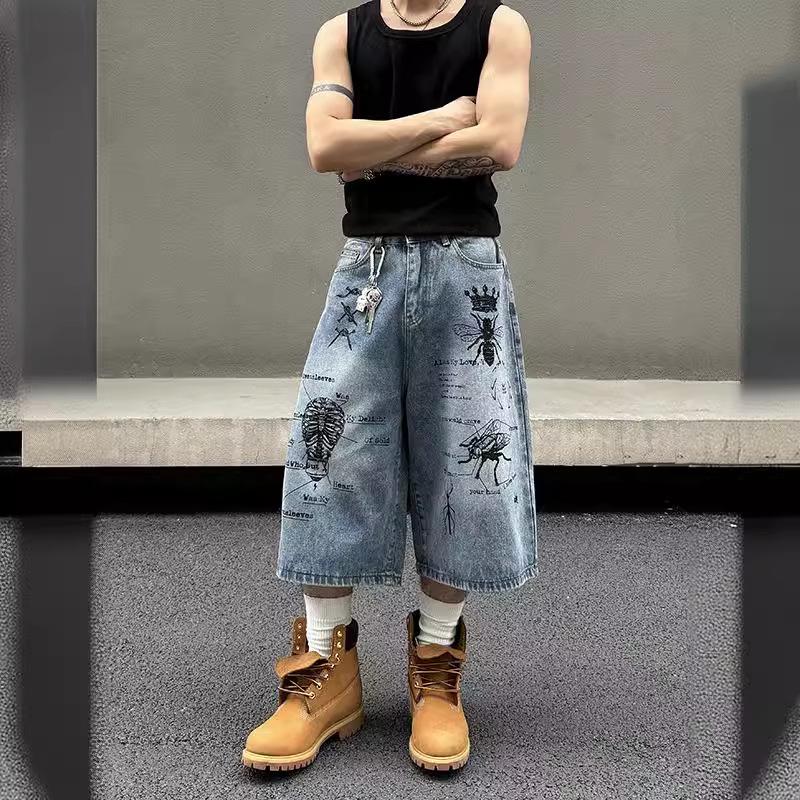 

Унисекс-джинсовые шорты с принтом American Street Graffiti — модные, свободные, укороченные летние шорты в стиле ретро Large синий