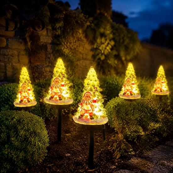 Outdoor Solar Christmas Decorations Garden Light, Santa Tree Resin Yard Stake Decor with Auto Sensor LED Landscape Warm Glow, Waterproof Lawn Lamp for