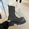 Leder supercoole Big Head Martin Stiefel Damen Rundkopf hochgezogene Spitze mittelhohe Stiefel Herren und Damen gleich dicker Absatz erhöht dicksölig Schnür-