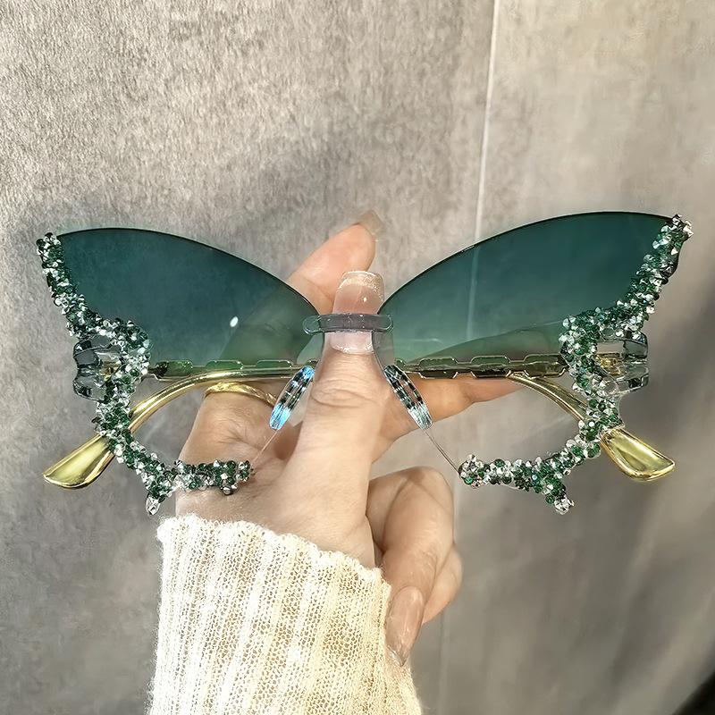 Butterfly Shaped Diamond Studded Sunglasses Frameless Sun Glasses For Women'S Parties Dances And Fashion Shows Glasses