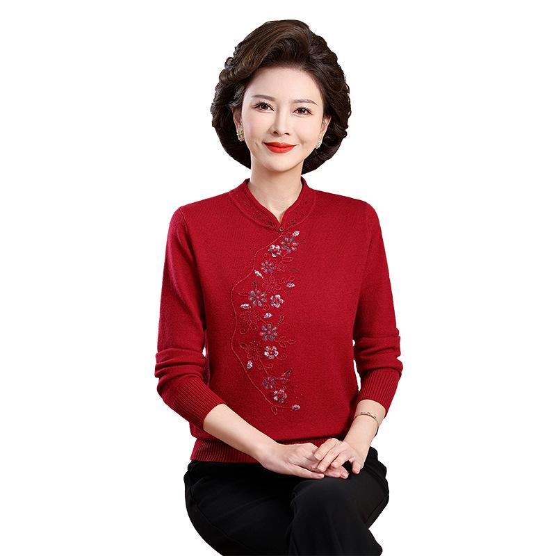 New Chinese Style Warm Fleece-Lined Qipao Collar Sweater for Middle-Aged & Elderly Women