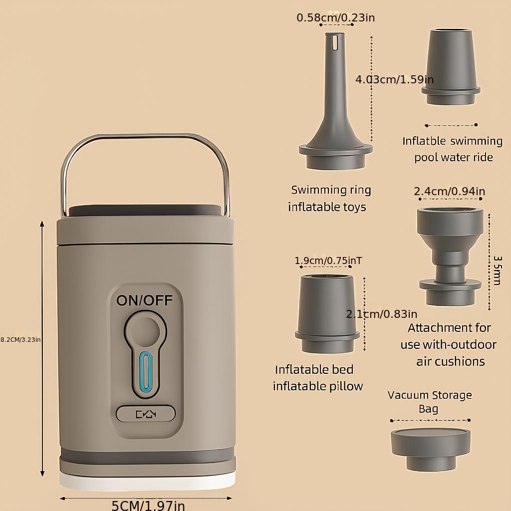 

1 комплект Портативный перезаряжаемый воздушный насос - Воздушный насос 3-в-1 со светодиодной подсветкой, 5 многофункциональных насадок для оборудования для накачивания воздуха на открытом воздухе