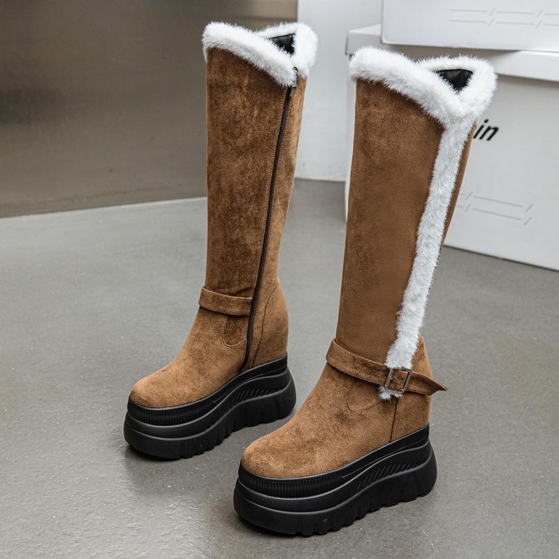 Fashion New Winter Women Snow Boots Platform Wedge High Heel Faux Fur Lady Shoes Female Plush Warm Non-slip Mid Calf Boots Goth Shoes