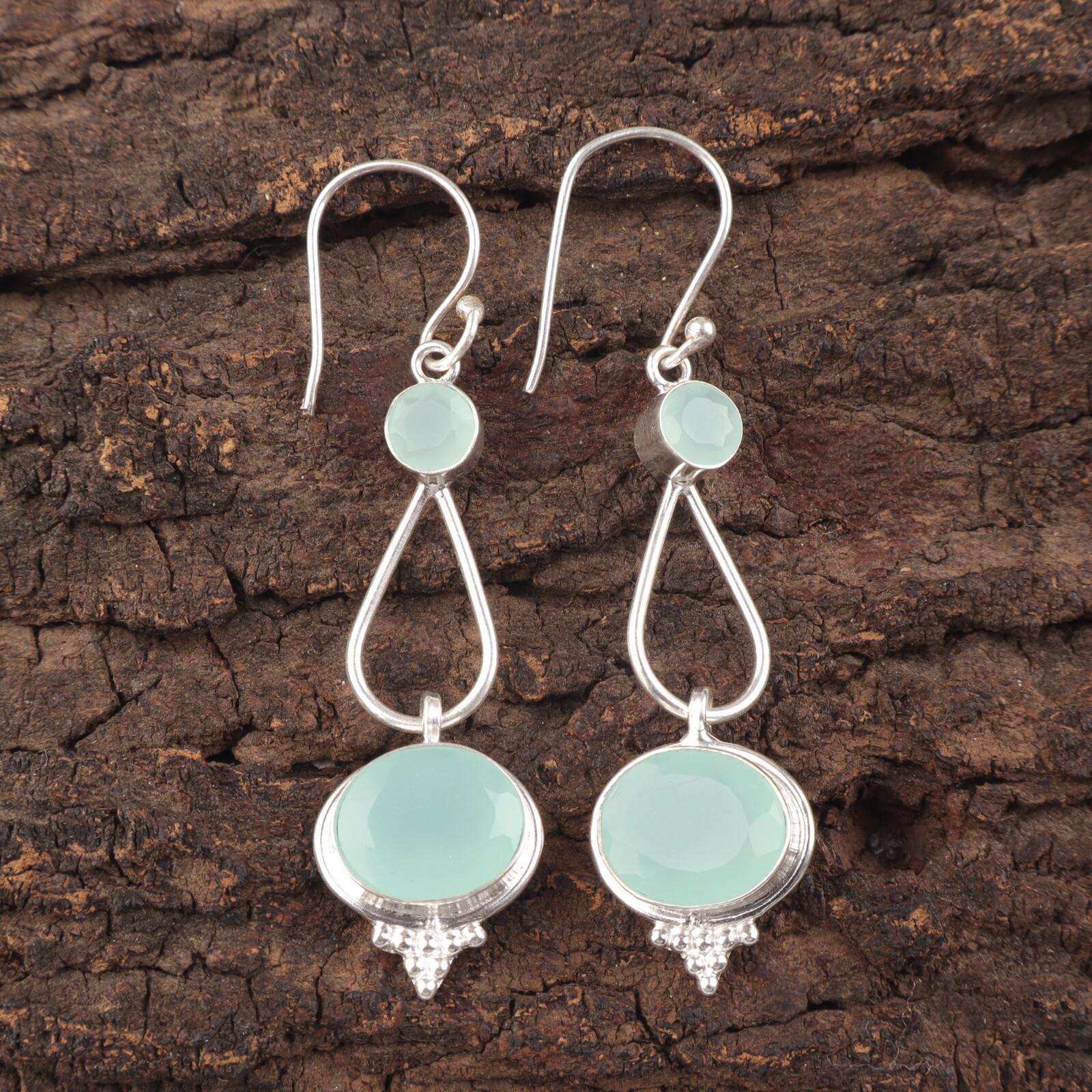 

925 Стерлинговое Серебро Аква Халцедон Драгоценный Камень Изделия Ручной Работы Серьги 2.50 EE-132-16